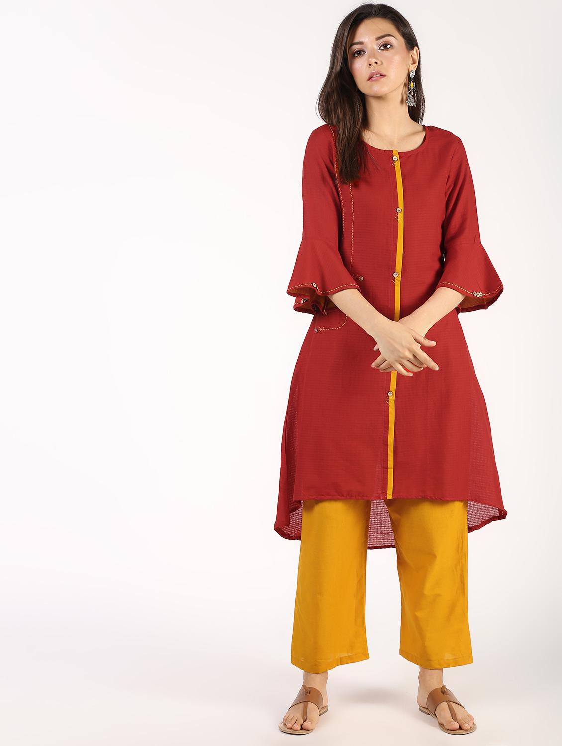 solid high-low kurta pant set - 16322995 - Zoom Image - 1