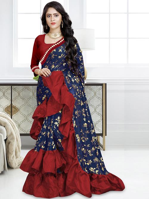foil printed ruffle border fusion saree with blouse - 16328917 - Standard Image - 1