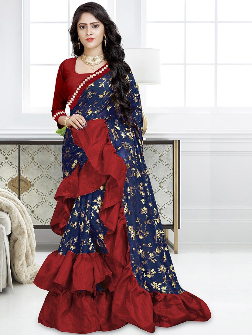 foil printed ruffle border fusion saree with blouse - 16328917 - Zoom Image - 1