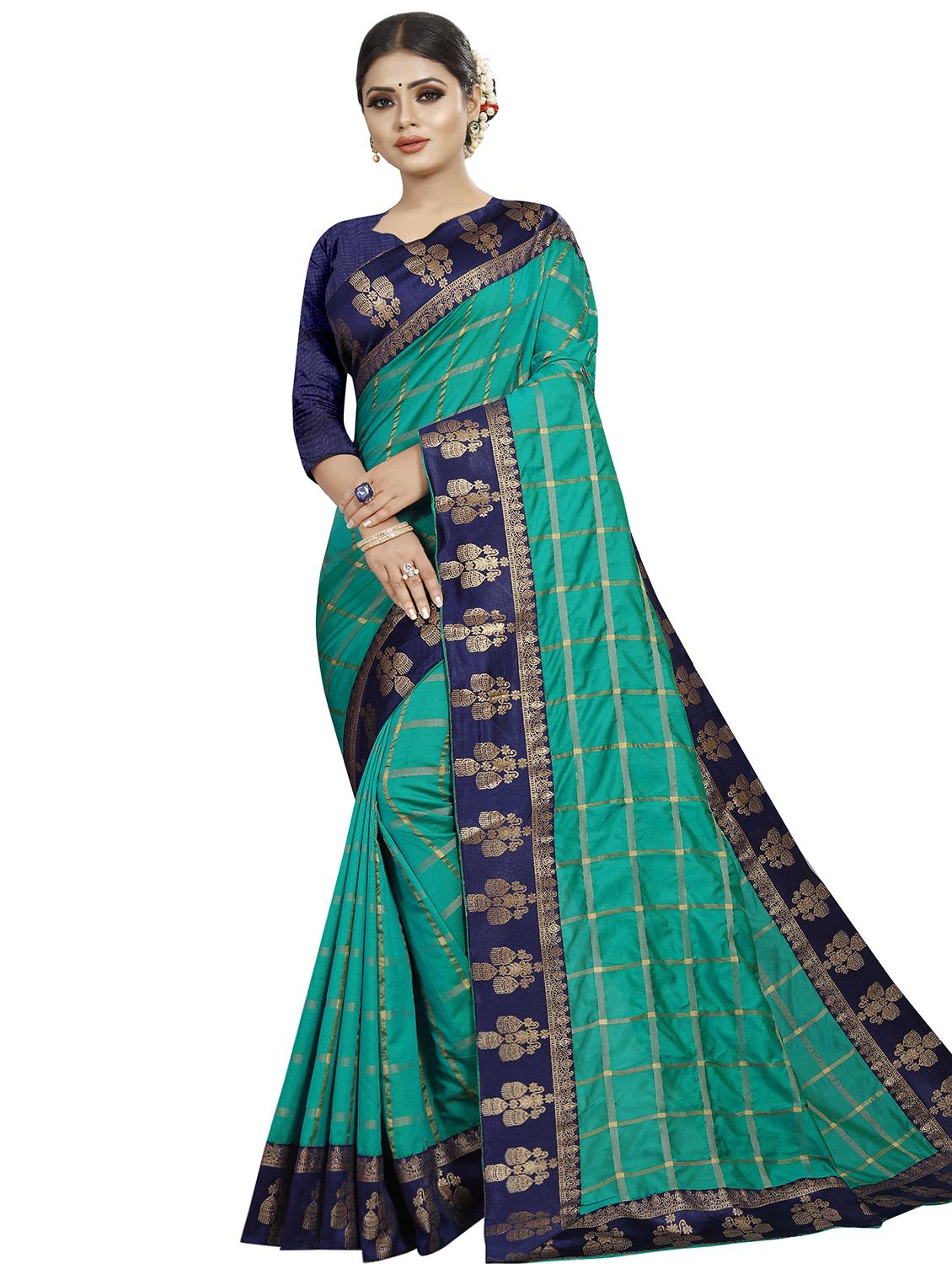 checkered zari motif woven saree with blouse - 16329052 - Zoom Image - 1