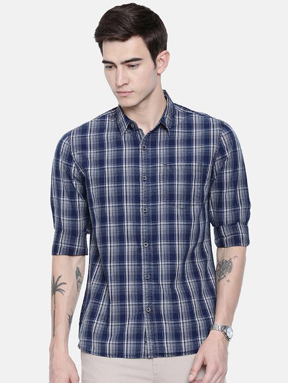 navy blue checkered casual shirt - 16329602 - Zoom Image - 1