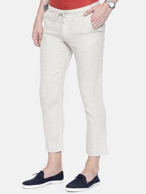 beige linen flat front casual trousers - 16330122 - Standard Image - 2