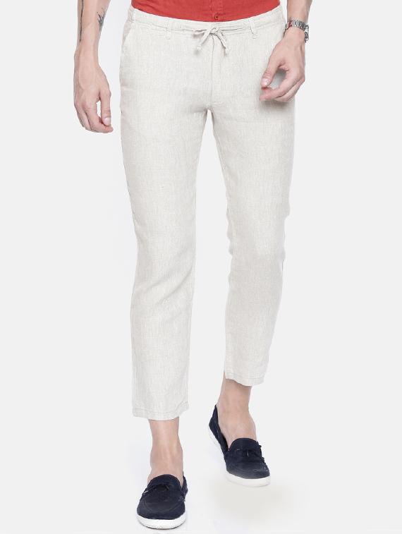 beige linen flat front casual trousers - 16330122 - Zoom Image - 1