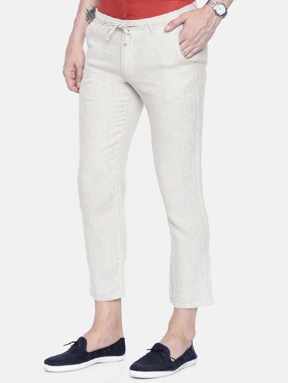beige linen flat front casual trousers - 16330122 - Zoom Image - 2