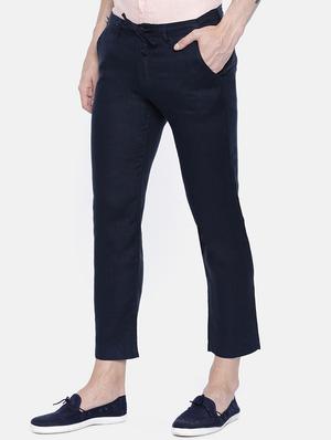 navy blue linen flat front casual trousers - 16330123 - Standard Image - 2