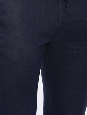 navy blue linen flat front casual trousers - 16330123 - Standard Image - 4