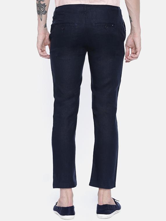navy blue linen flat front casual trousers - 16330123 - Zoom Image - 3