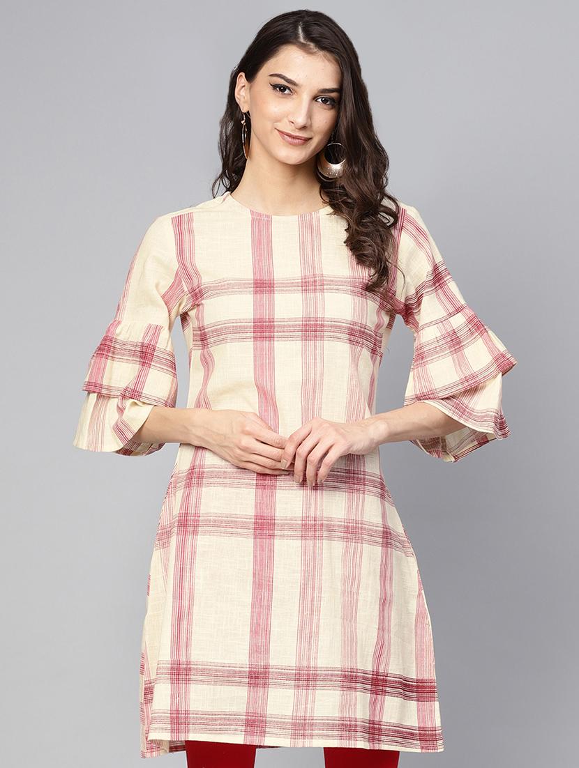 bell sleeves checkered a-line kurti - 16330403 - Zoom Image - 1