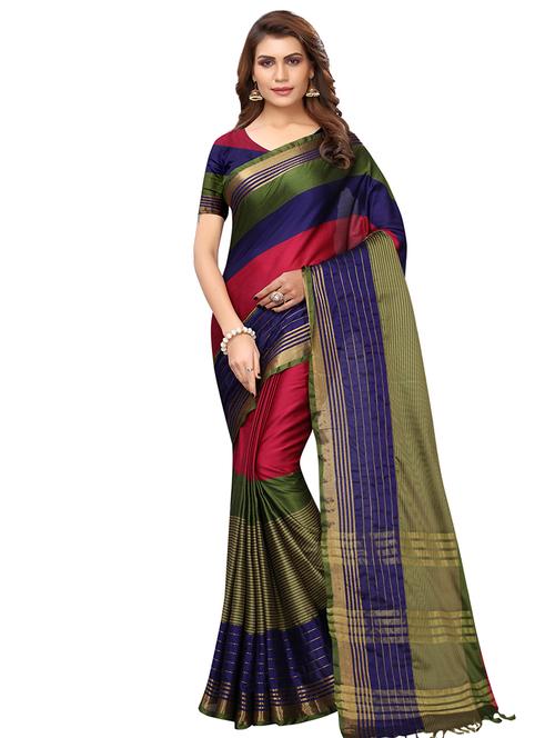 striped zari border woven saree with blouse - 16331231 - Very Small Image - 1