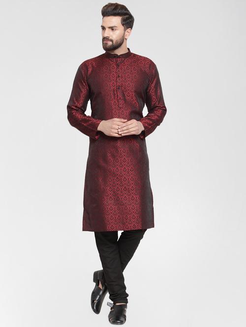 maroon silk blend kurta pyjama set - 16332657 - Very Small Image - 1