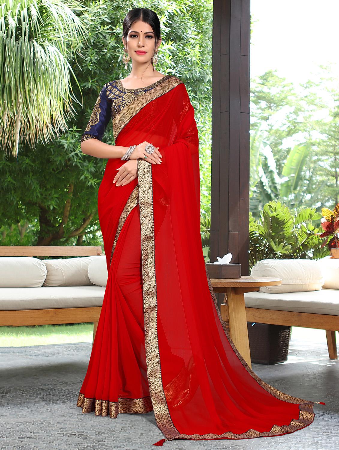 Solid Lace Border Saree with blouse - 16332703 - Zoom Image - 1