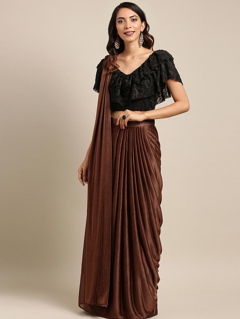 solid drape fusion saree with blouse - 16336435 - Zoom Image - 1