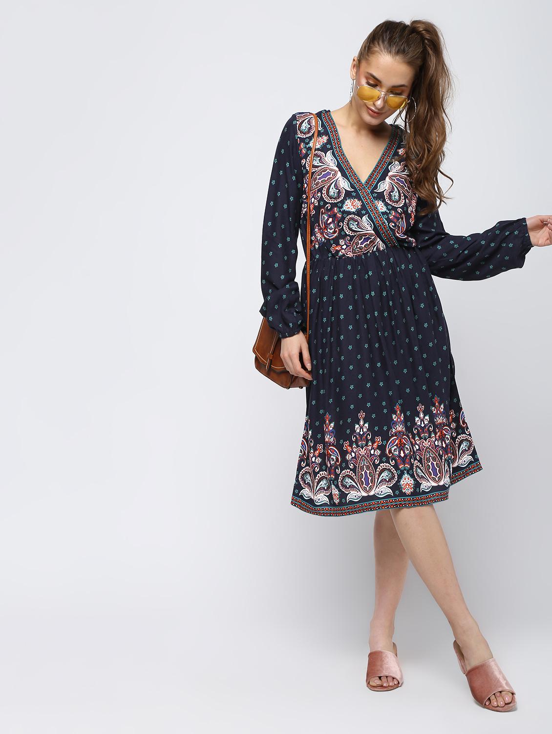 overlap neck floral a-line dress - 16336451 - Zoom Image - 1