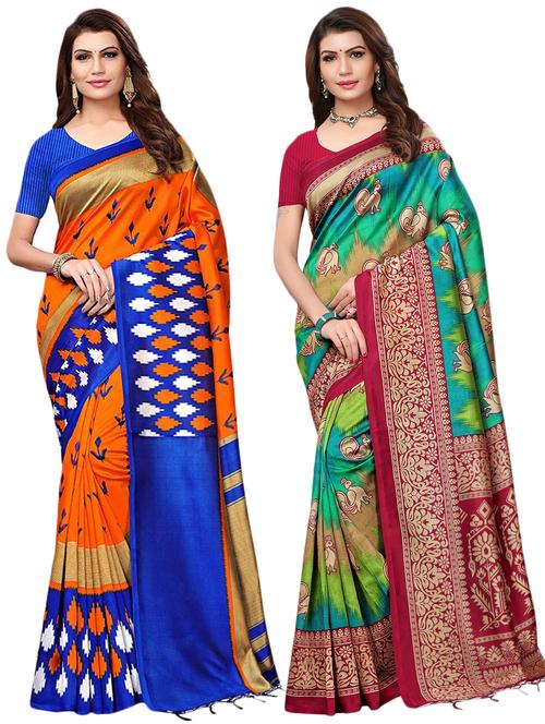 multicolor set of 2 printed saree combo with blouse - 16336989 - Standard Image - 1