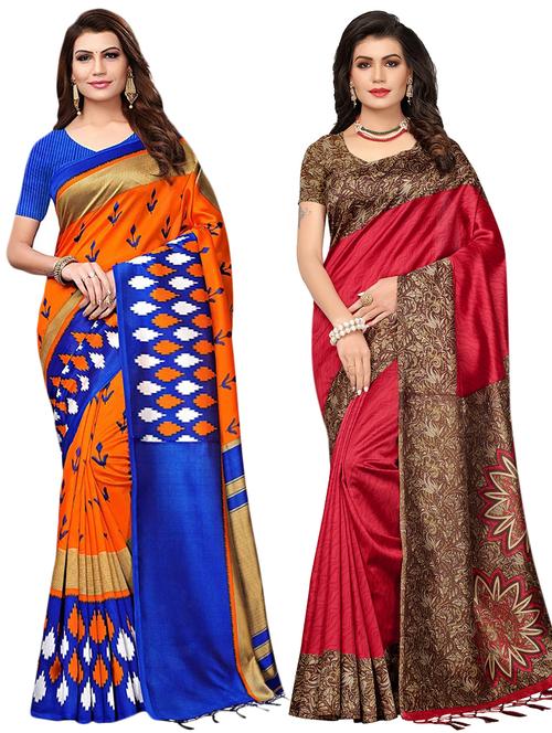 multicolor set of 2 printed saree combo with blouse - 16336990 - Standard Image - 1