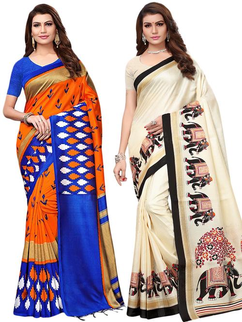 multicolor set of 2 printed saree combo with blouse - 16336991 - Standard Image - 1
