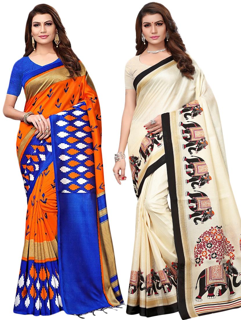 multicolor set of 2 printed saree combo with blouse - 16336991 - Zoom Image - 1