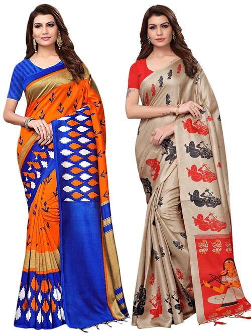 multicolor set of 2 printed saree combo with blouse - 16336992 - Standard Image - 1