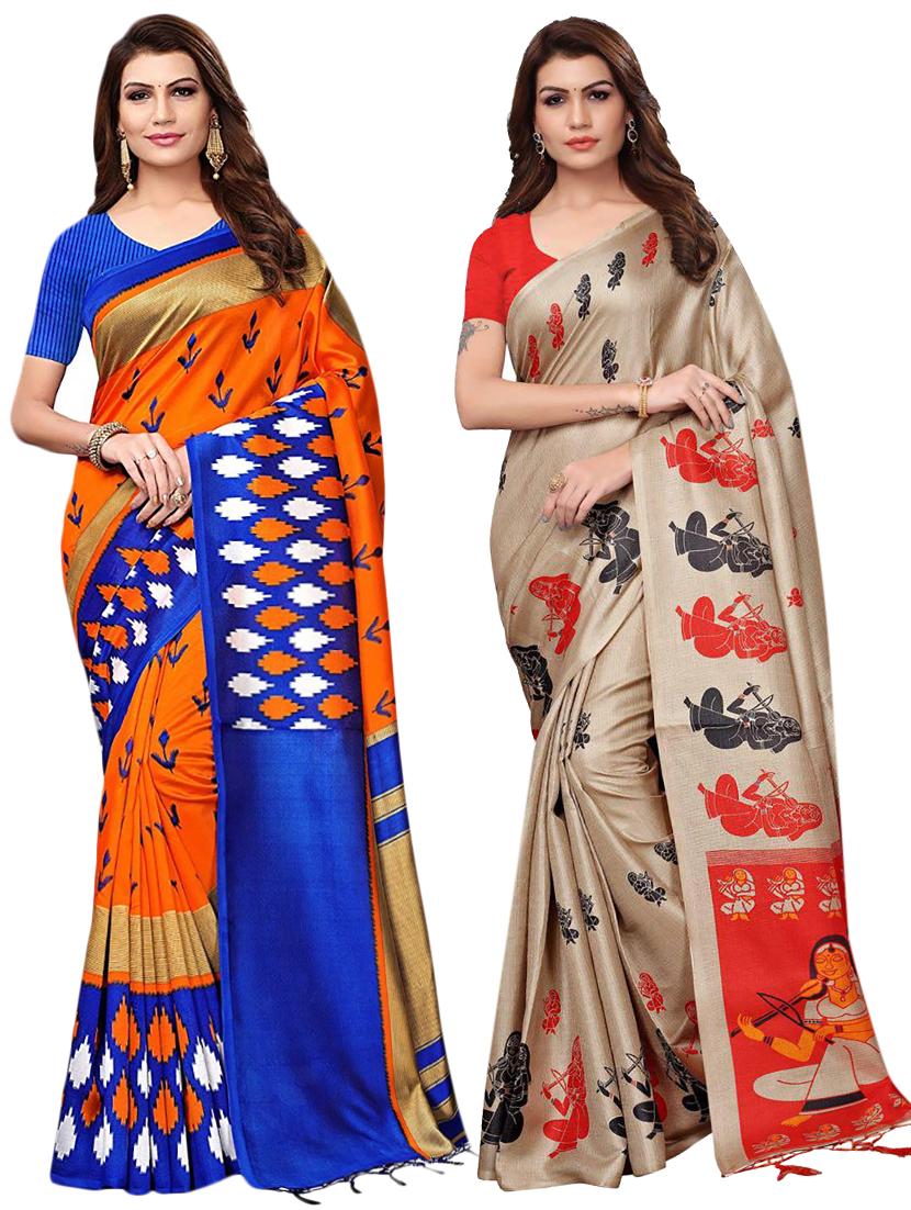 multicolor set of 2 printed saree combo with blouse - 16336992 - Zoom Image - 1