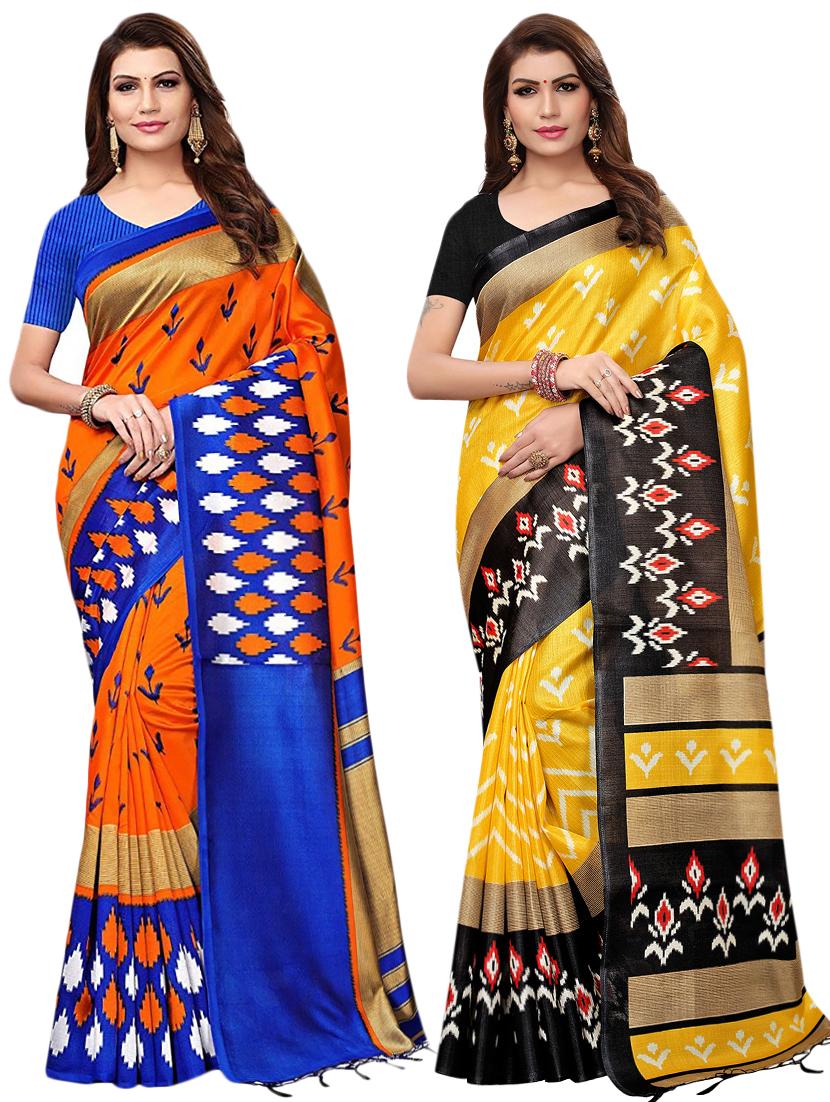 multicolor set of 2 printed saree combo with blouse - 16336994 - Zoom Image - 1