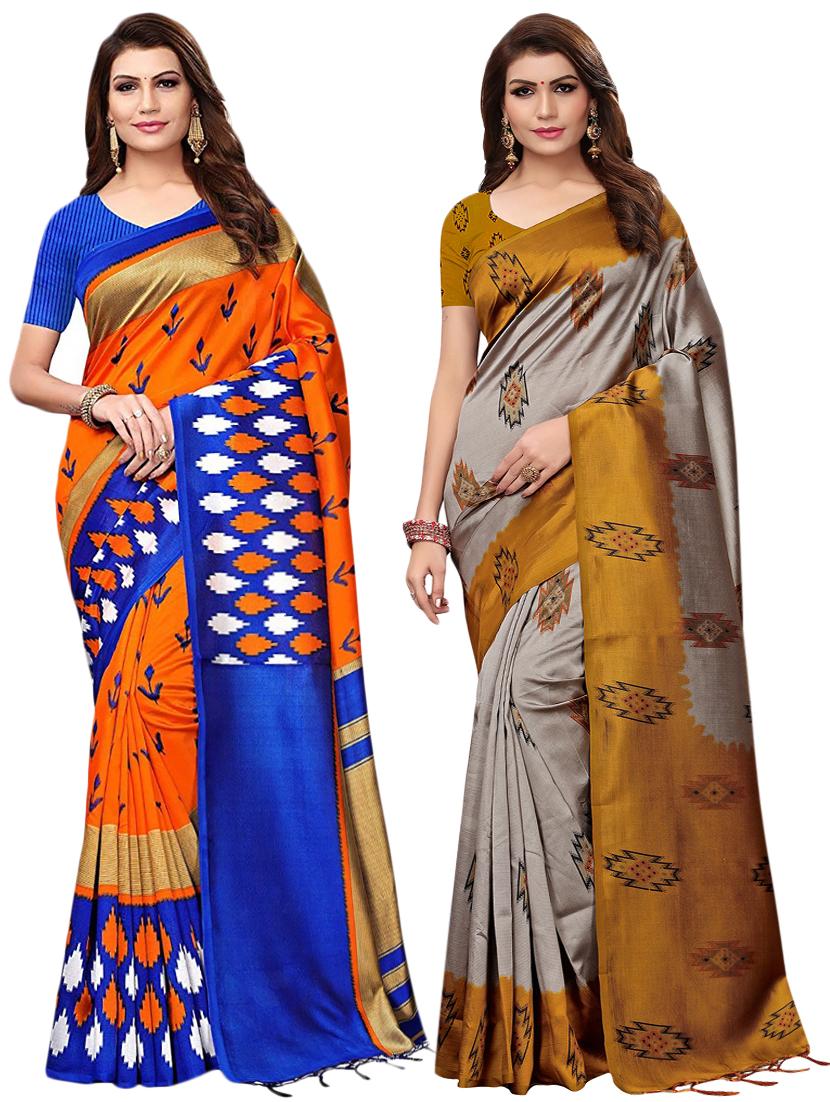 multicolor set of 2 printed saree combo with blouse - 16336995 - Zoom Image - 1