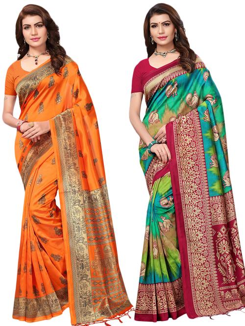 multicolor set of 2 printed saree combo with blouse - 16336996 - Standard Image - 1