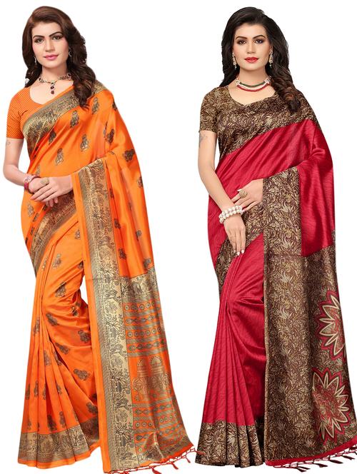multicolor set of 2 printed saree combo with blouse - 16336997 - Standard Image - 1