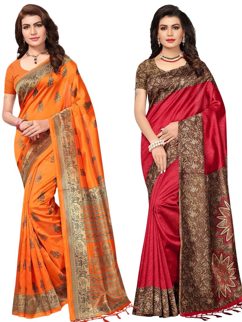 multicolor set of 2 printed saree combo with blouse - 16336997 - Zoom Image - 1