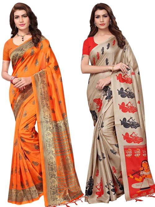 multicolor set of 2 printed saree combo with blouse - 16336999 - Standard Image - 1