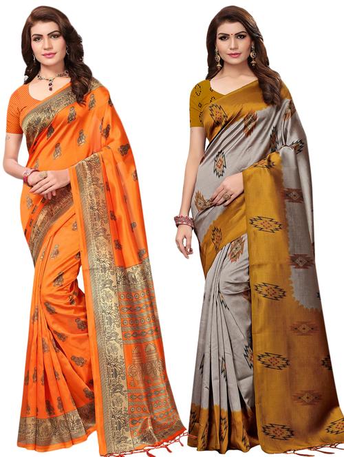 multicolor set of 2 printed saree combo with blouse - 16337002 - Standard Image - 1