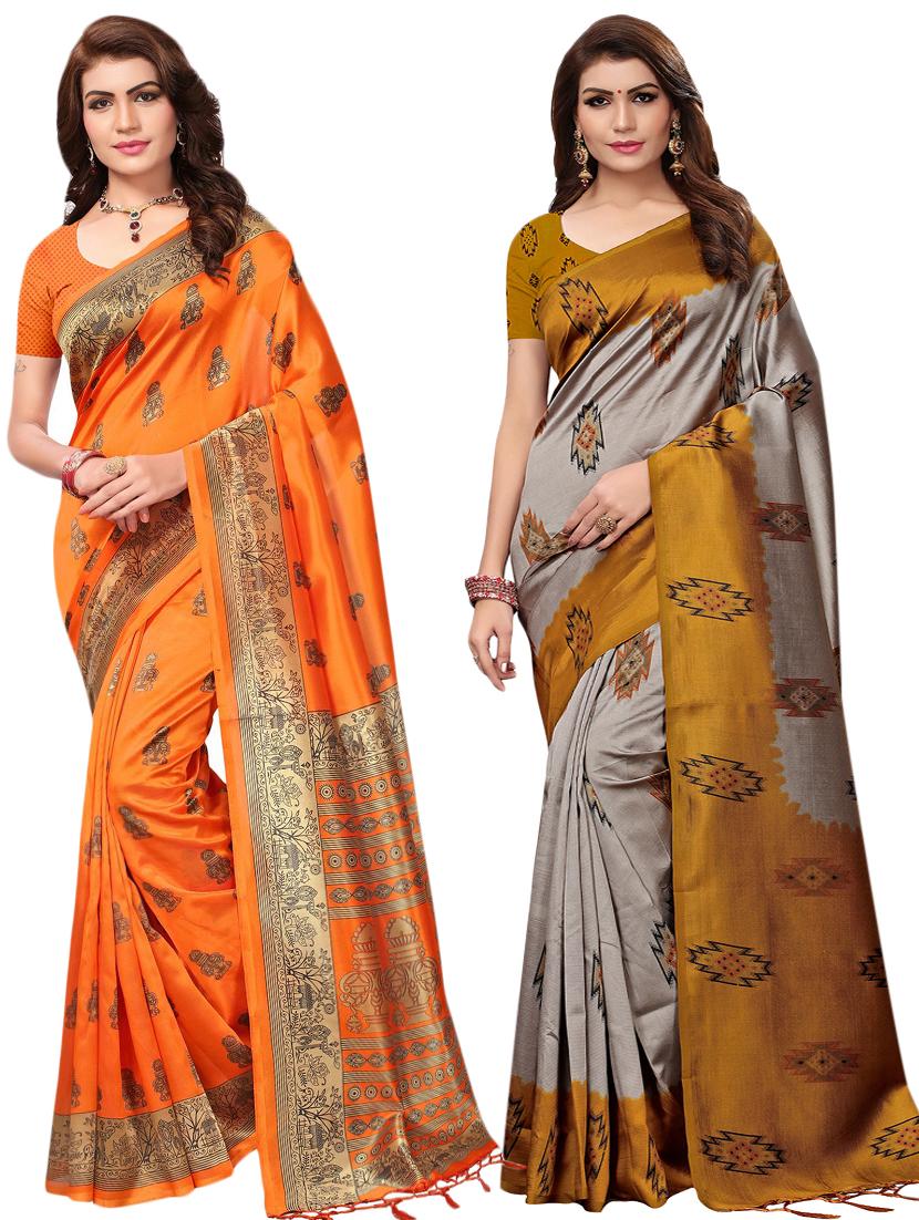 multicolor set of 2 printed saree combo with blouse - 16337002 - Zoom Image - 1