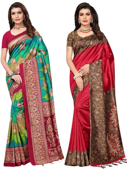 multicolor set of 2 printed saree combo with blouse - 16337003 - Standard Image - 1