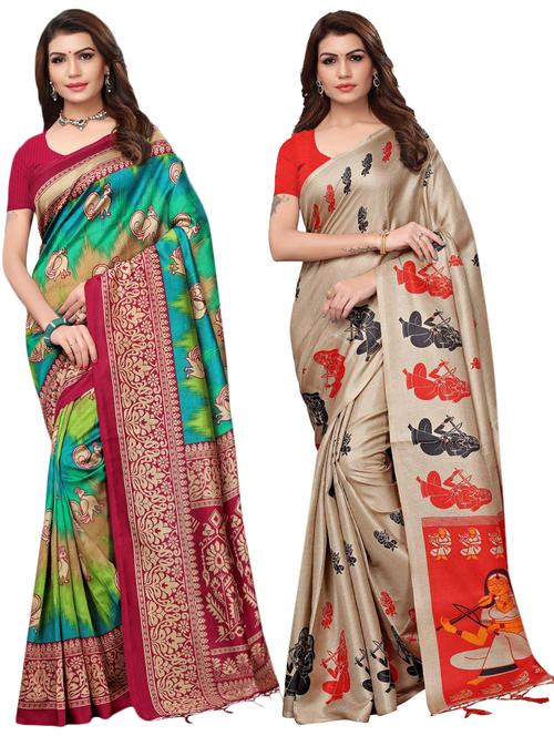 multicolor set of 2 printed saree combo with blouse - 16337005 - Standard Image - 1