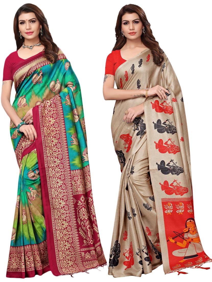 multicolor set of 2 printed saree combo with blouse - 16337005 - Zoom Image - 1