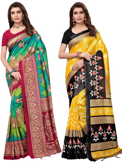 multicolor set of 2 printed saree combo with blouse - 16337007 - Standard Image - 1