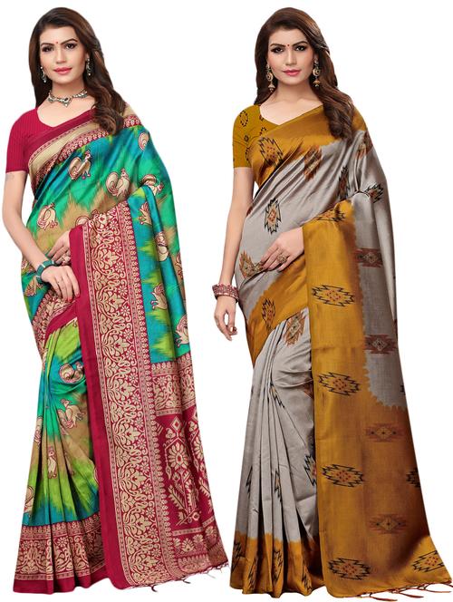 multicolor set of 2 printed saree combo with blouse - 16337008 - Standard Image - 1
