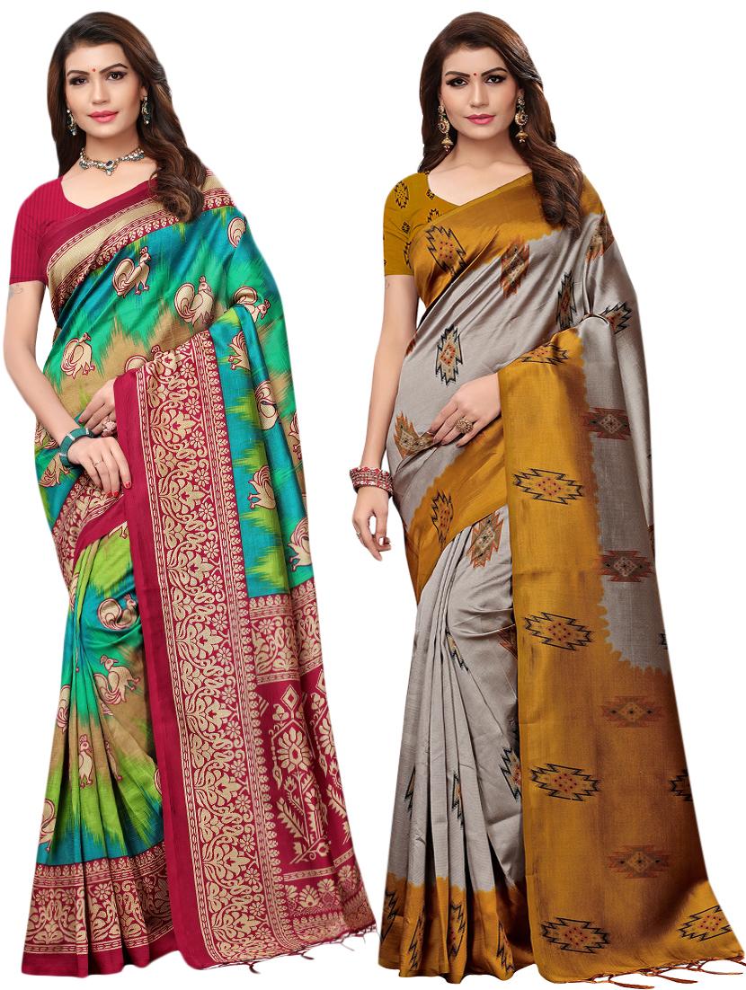 multicolor set of 2 printed saree combo with blouse - 16337008 - Zoom Image - 1