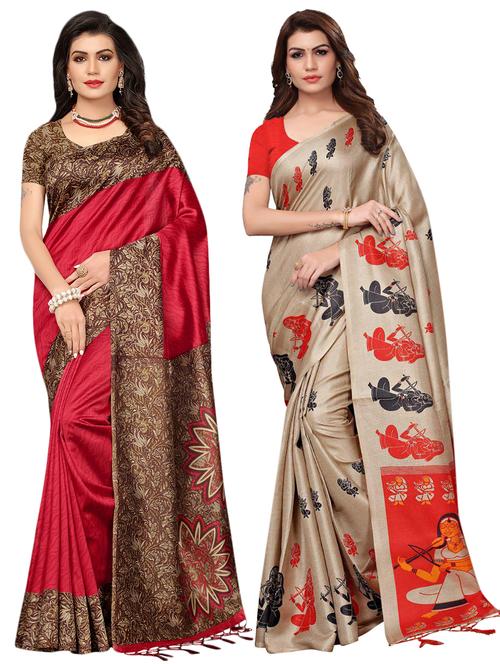 multicolor set of 2 printed saree combo with blouse - 16337009 - Standard Image - 1