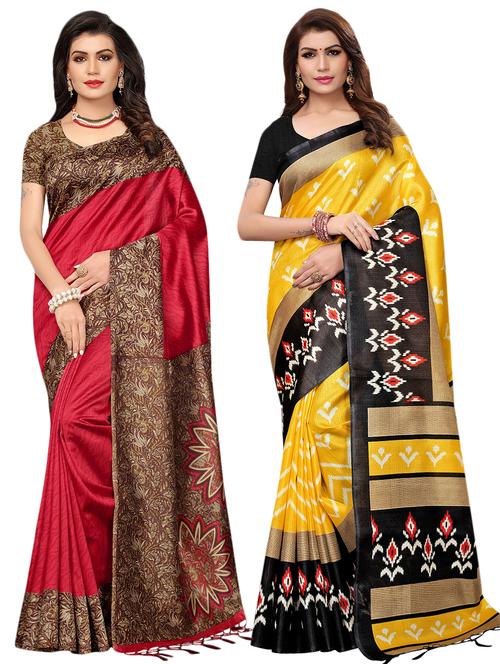 multicolor set of 2 printed saree combo with blouse - 16337011 - Standard Image - 1