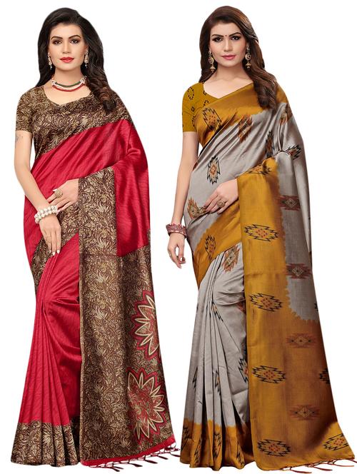 multicolor set of 2 printed saree combo with blouse - 16337012 - Standard Image - 1