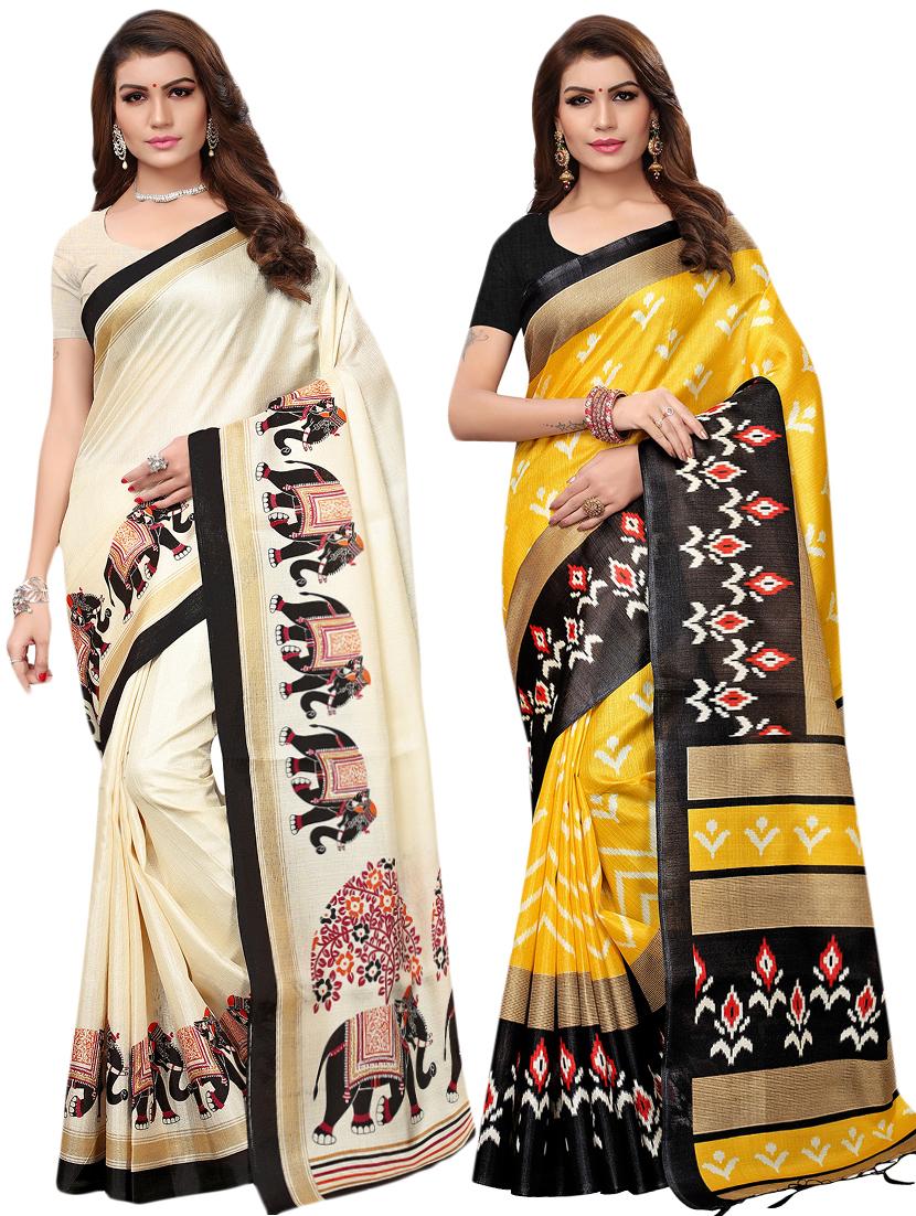 multicolor set of 2 printed saree combo with blouse - 16337015 - Zoom Image - 1