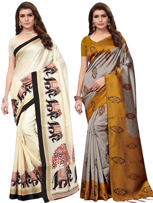 multicolor set of 2 printed saree combo with blouse - 16337016 - Standard Image - 1