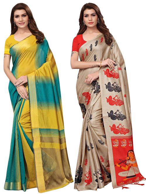 multicolor set of 2 printed saree combo with blouse - 16337017 - Standard Image - 1