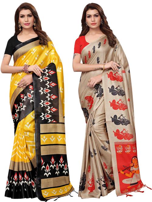 multicolor set of 2 printed saree combo with blouse - 16337018 - Standard Image - 1
