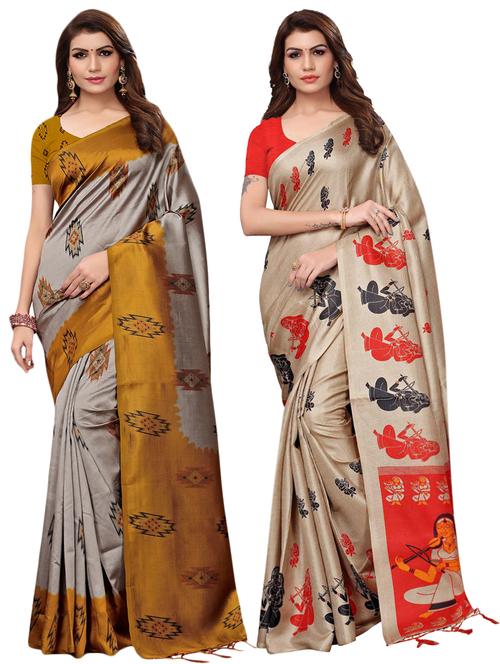 multicolor set of 2 printed saree combo with blouse - 16337019 - Standard Image - 1
