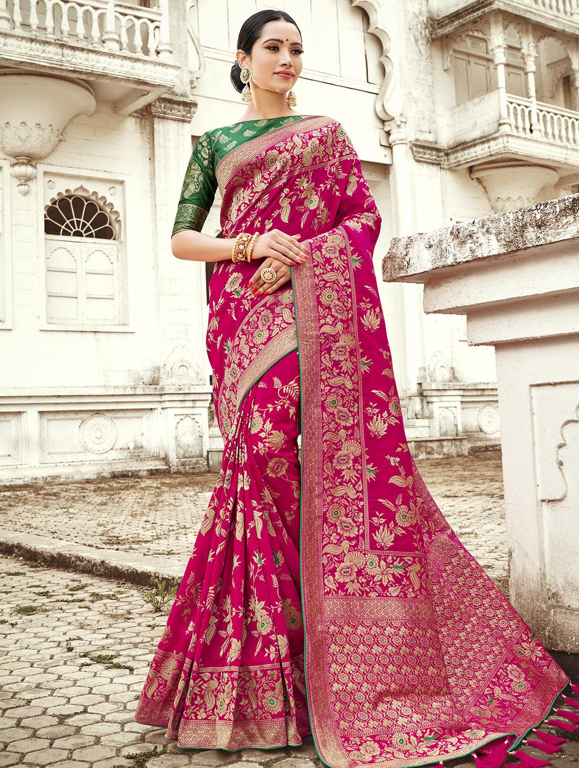 floral zari motif banarasi saree with blouse - 16340587 - Zoom Image - 1