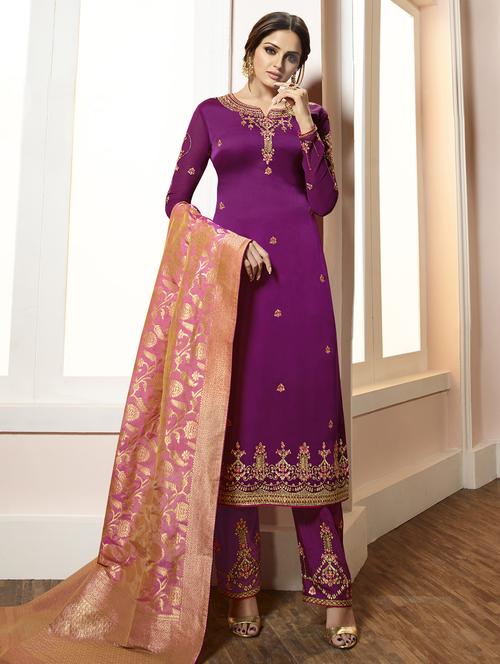 embroidered unstitched straight pant suit - 16344832 - Standard Image - 1