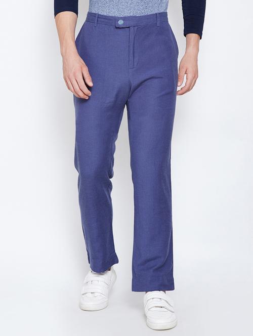 navy blue solid flat front casual trouser - 16348884 - Standard Image - 1