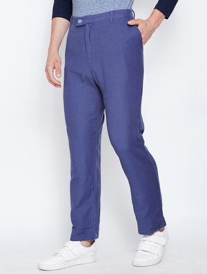 navy blue solid flat front casual trouser - 16348884 - Standard Image - 2