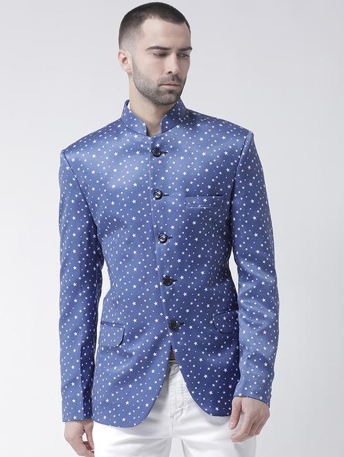 blue printed bandhgala casual blazer - 16350402 - Standard Image - 1
